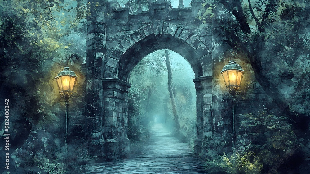 A winding path leads through an ancient gothic archway, illuminated by the dim glow of flickering lanterns hanging on either side. The watercolor technique softens the edges of the stonework A winding path leads through an ancient gothic archway, illuminated by the dim glow of flickering lanterns hanging on either side. The watercolor technique softens the edges of the stonework