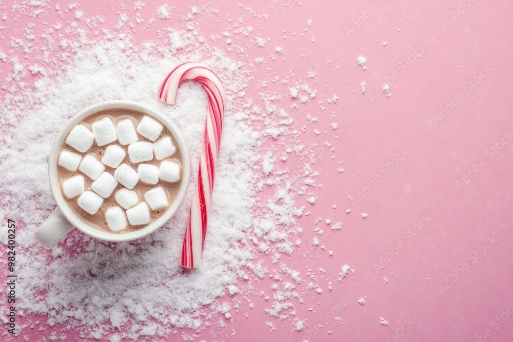 Hot Chocolate with Marshmallows and Candy Cane on Pink Background with Snow Hot Chocolate with Marshmallows and Candy Cane on Pink Background with Snow