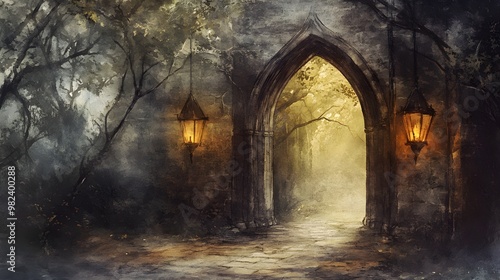 A winding path leads through an ancient gothic archway, illuminated by the dim glow of flickering lanterns hanging on either side. The watercolor technique softens the edges of the stonework 