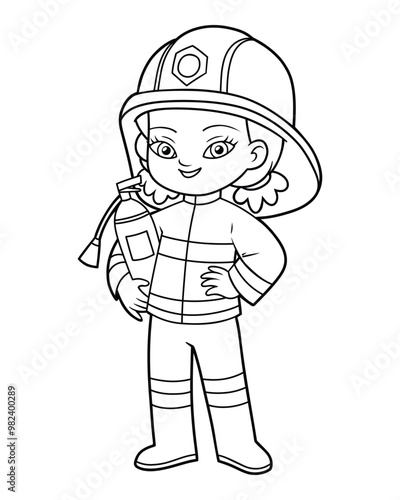 Coloring book for kids, Firefighter cute cartoon asian girl and extinguisher