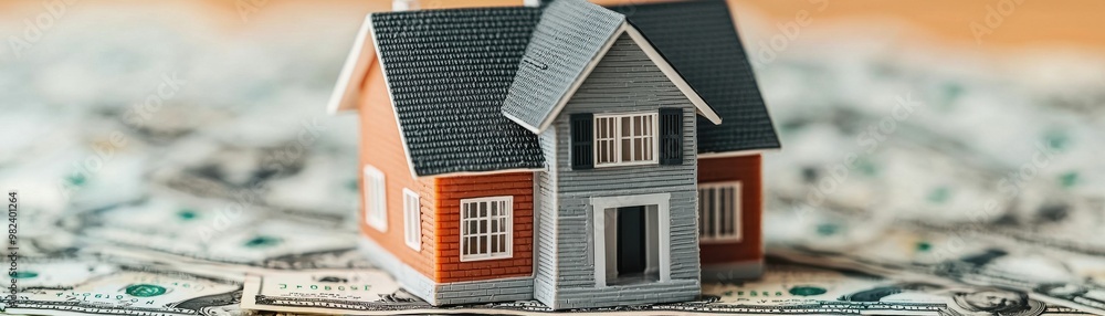 Real estate investment concept with a miniature house on a dollar bill, symbolizing financial growth and property ownership. Real estate investment concept with a miniature house on a dollar bill, symbolizing financial growth and property ownership.