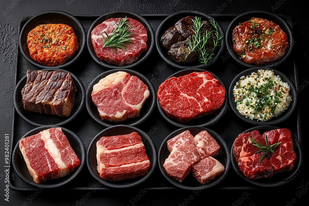 elegant composition of diverse premium beef cuts arranged on black plates highlighting marbling and textures of tbone wagyu and ribeye steaks elegant composition of diverse premium beef cuts arranged on black plates highlighting marbling and textures of tbone wagyu and ribeye steaks