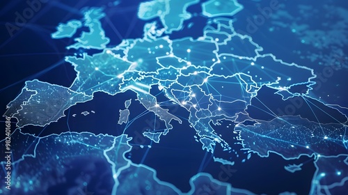 Digital Map of Europe with Glowing Network Connections and Data Points Highlighting Major Cities
