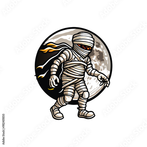 A realistic vector illustration of a mummy walking through a desert at night, under the full moon.