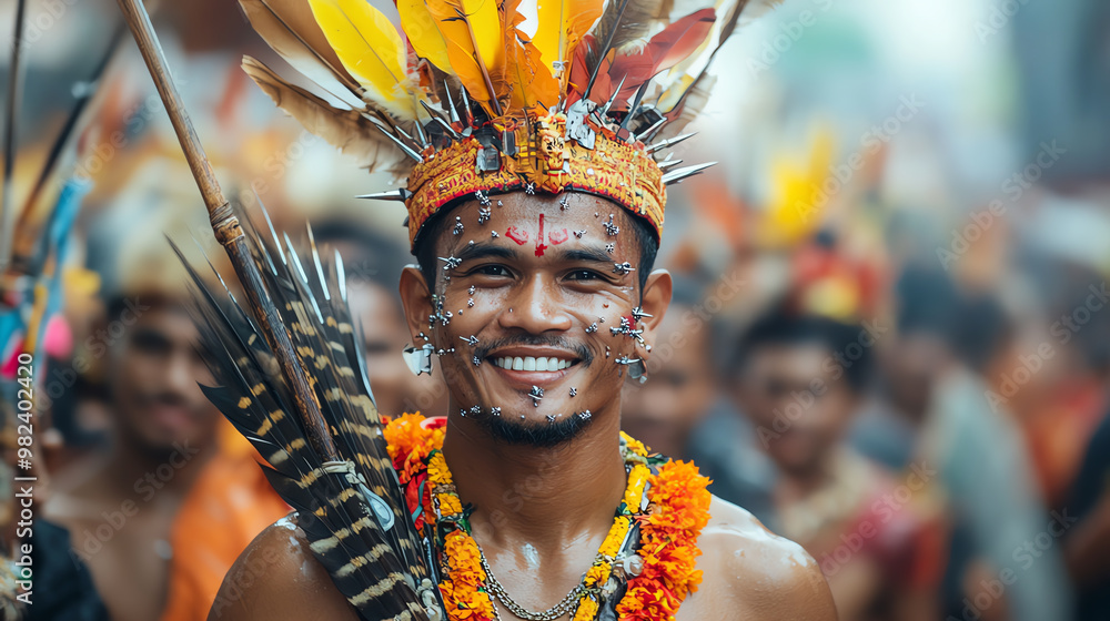 Procession of devotees piercing their bodies with sharp objects during the Gin Jay Festival Procession of devotees piercing their bodies with sharp objects during the Gin Jay Festival