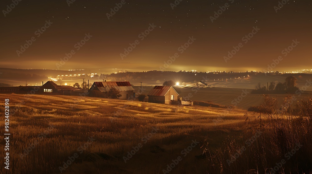 Obraz premium Panorama from atop of the townships mills over a field at night farming land countryside