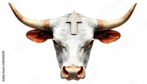 Bull with upward arrow representing rising market and financial growth isolated on a white background photo