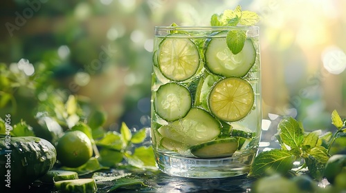 Cucumber water with lime slices, isolated on a spa-themed background Refreshing detox drink photo