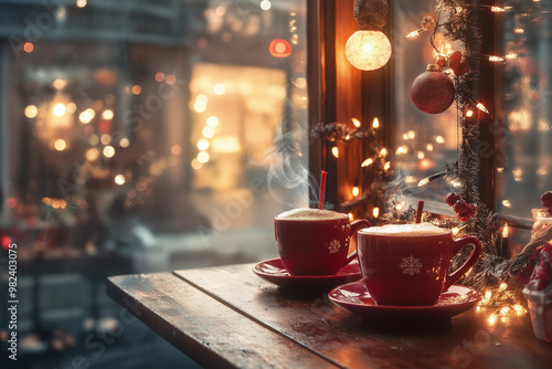 A cozy coffee shop ad featuring steaming cups of holiday-themed drinks, with warm lighting and decorations. photo