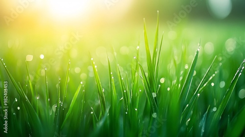 Dew-Covered Green Grass Blades with Sunlight in the Background