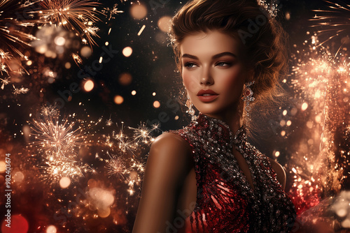 An advertisement for a high-end perfume, featuring a glamorous model surrounded by fireworks.