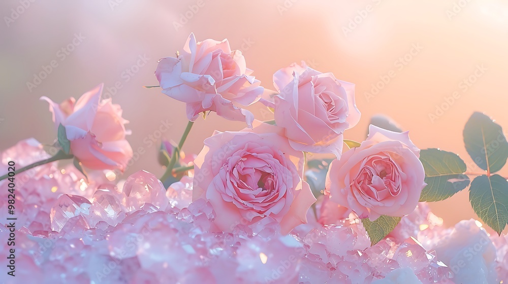 Pastel roses and pink quartz grains against a foggy pink sky Pastel roses and pink quartz grains against a foggy pink sky