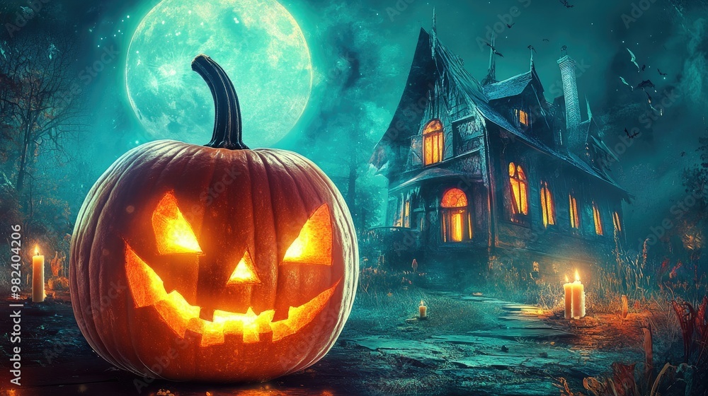 Halloween pumpkin with candlelight in front of a haunted house background,