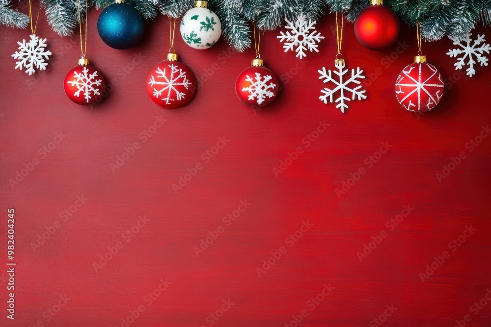 Christmas ornaments and snowflakes hanging from a frosted pine branch against a red background Christmas ornaments and snowflakes hanging from a frosted pine branch against a red background