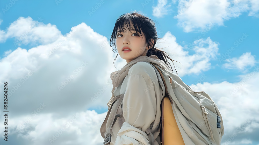 Woman with Backpack Under Blue Sky Woman with Backpack Under Blue Sky