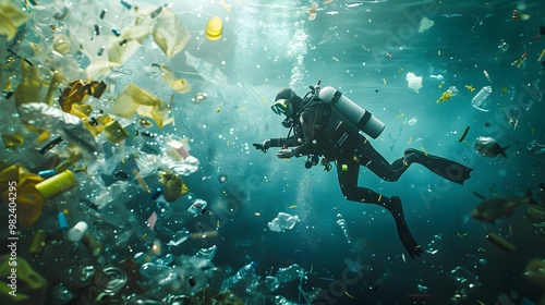 Scuba Diver Exploring Underwater Ocean Pollution with Plastic Waste and Debris in Sunlit Waters