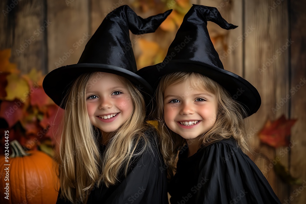 Joyful Halloween Smiles from Two Little Witches in Black Hats Embracing the Festive Spirit Joyful Halloween Smiles from Two Little Witches in Black Hats Embracing the Festive Spirit