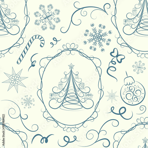 Christmas seamless pattern wallpaper: the ornate contours of a stylized patterned Christmas tree, decorated with gift boxes in a frame, snowflakes, Christmas candy, a Christmas ball, and patterns.
