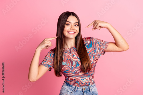 Photo of shiny attractive lady dressed retro outfit pointing fingers white teeth isolated pink color background