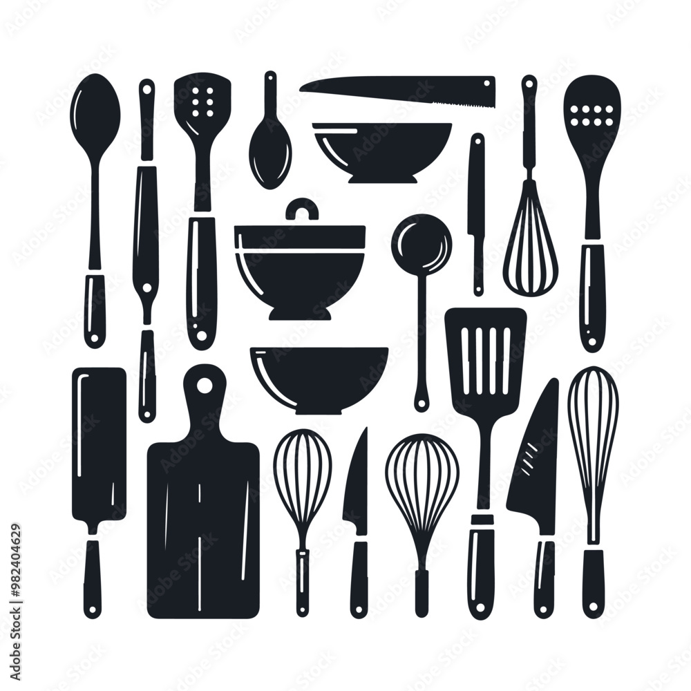 Set of kitchen utensils silhouette vector art illustration on a white background Set of kitchen utensils silhouette vector art illustration on a white background