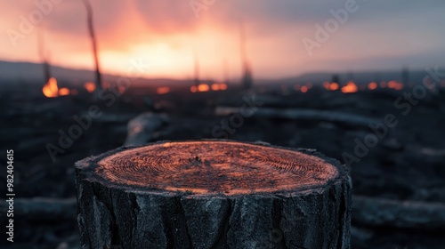 A captivating silhouette of a tree stump against a dramatic sunset, showcasing nature's resilience and beauty after fire damage. photo