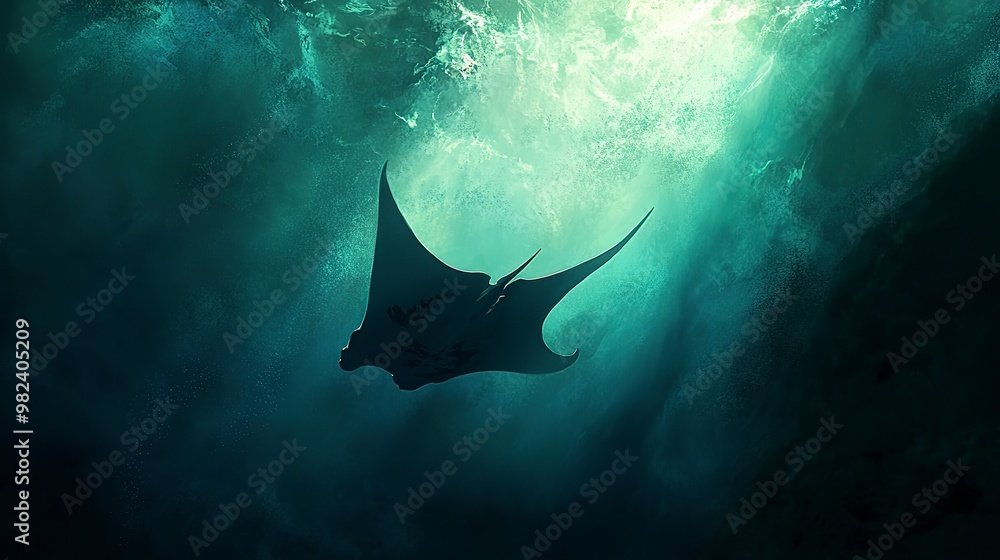 Obraz premium A manta ray gliding gracefully through the open sea, casting a shadow on the ocean floor below.