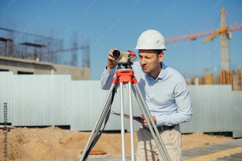 Civil Engineer Foreman in white protective helmet using level equipment. Surveyor s level at construction site at work.