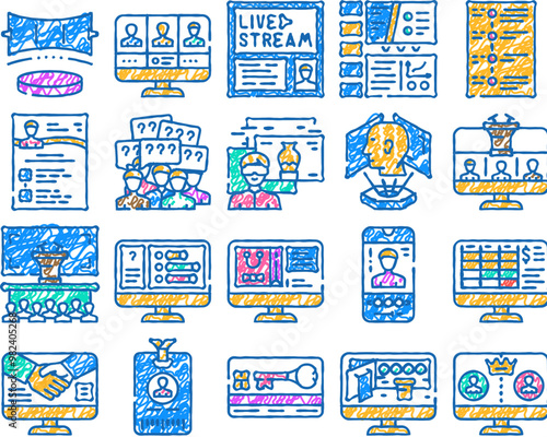 virtual conference event online doodle icons set vector. sketch line art quarantine digital, corporate technology, caller stage, video concert, live, meeting virtual conference color illustrations