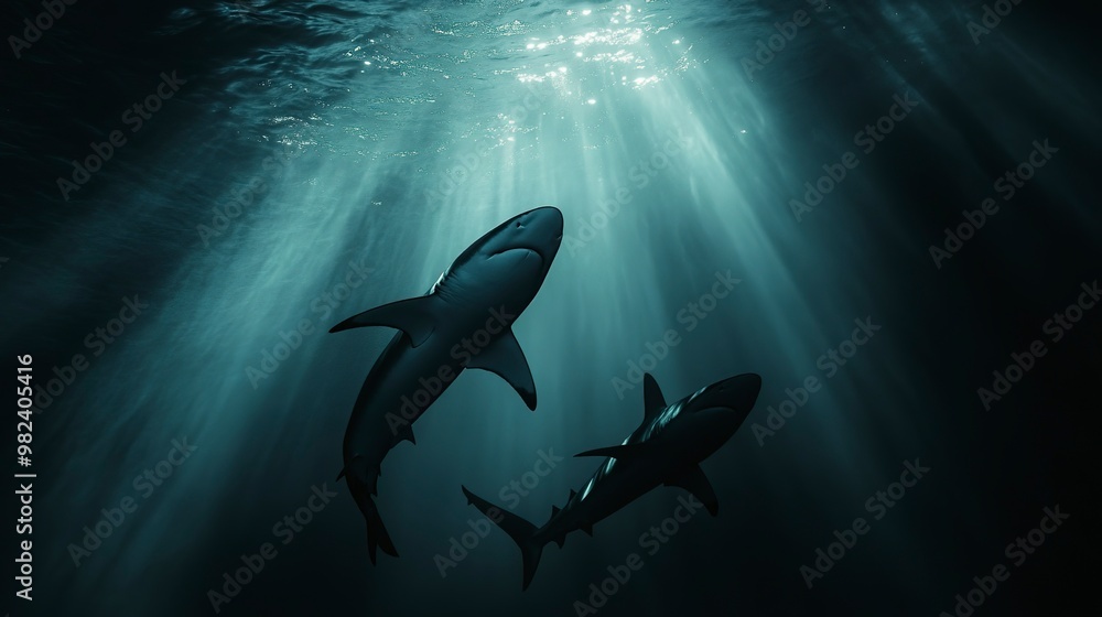 Obraz premium Majestic sharks glide effortlessly through the dark, mysterious abyss of the deep sea, their shadows illuminated by faint sunbeams filtering from above.