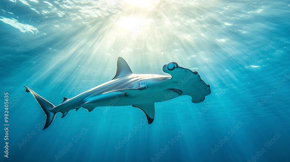 Obraz premium A hammerhead shark swims through clear blue water, with the sun shining above it, casting rays of light down.