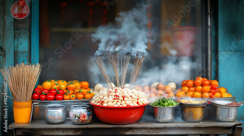 Offerings of fruits, vegetables, and incense at a Chinese shrine during Thailands Vegetarian Festival photo