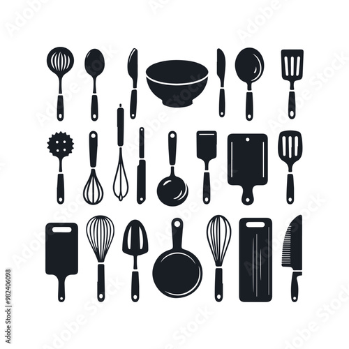 Set of kitchen utensils silhouette vector art illustration on a white background