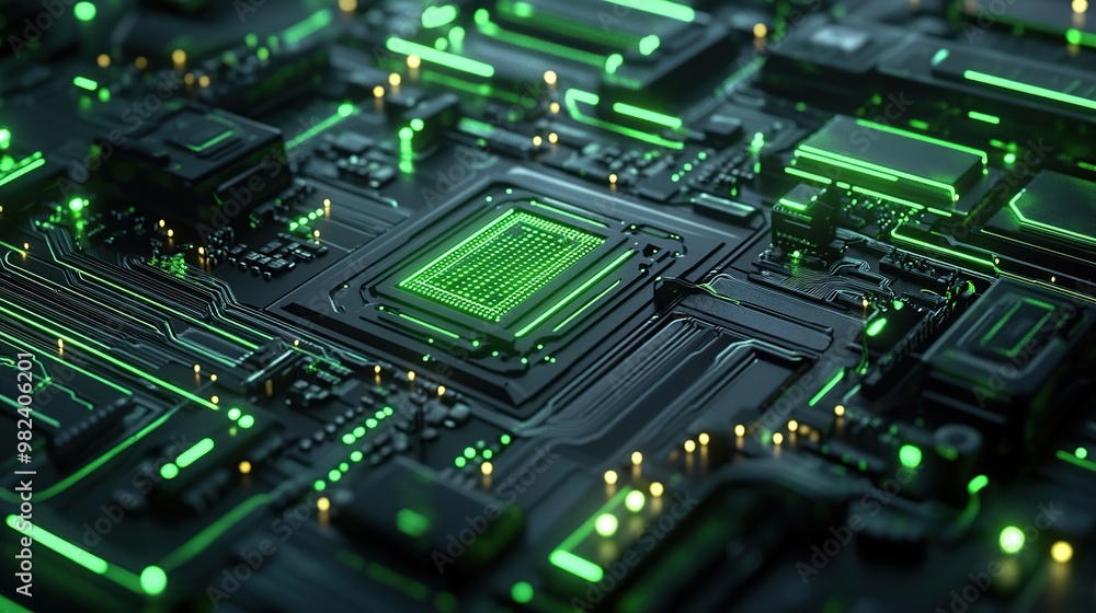 A close-up view of a green-lit circuit board showcasing intricate electronic components. A close-up view of a green-lit circuit board showcasing intricate electronic components.