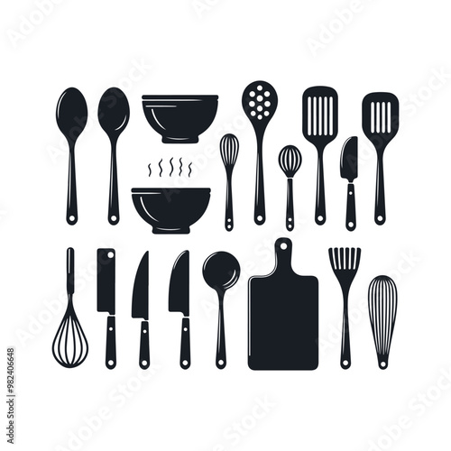 Set of kitchen utensils silhouette vector art illustration on a white background