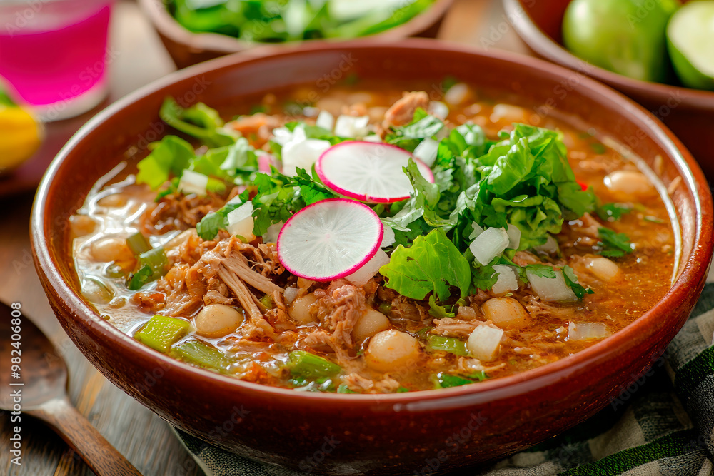 Traditional mexican red pozole in bowl on wooden table Traditional mexican red pozole in bowl on wooden table