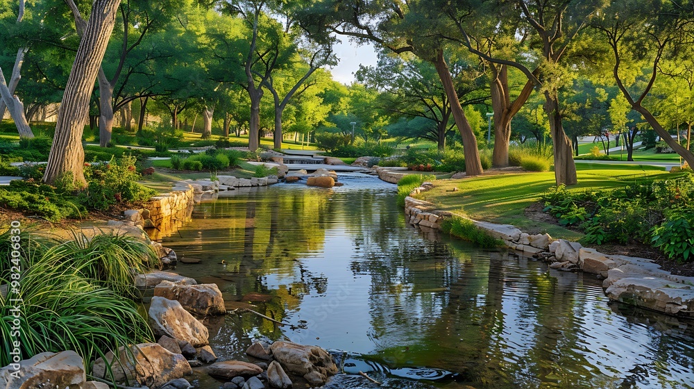 Peaceful plaza waterscape serene organic landscape with trees reflection and running stream Peaceful plaza waterscape serene organic landscape with trees reflection and running stream