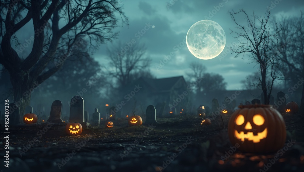 Fototapeta premium A spooky Halloween graveyard scene with carved pumpkins, eerie trees, and a full moon illuminating a misty atmosphere.