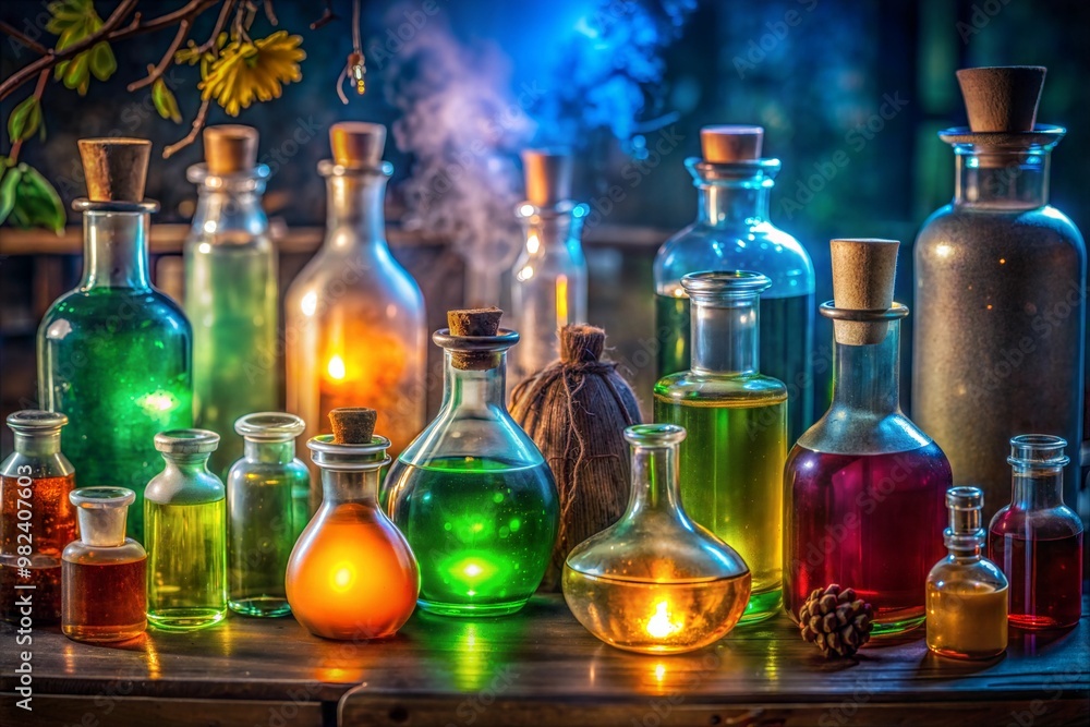 Mystical glass bottles filled with glowing potions Mystical glass bottles filled with glowing potions