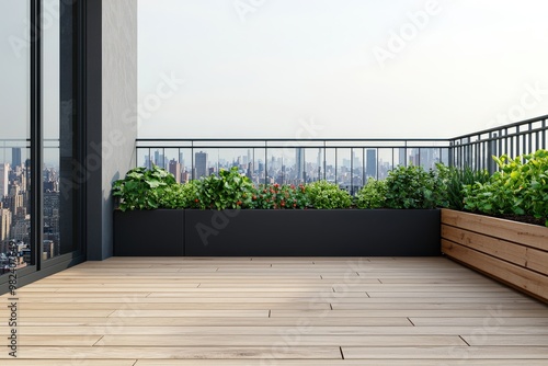 A modern balcony with wooden flooring features lush greenery in planters and city skyline views, creating a serene outdoor space.