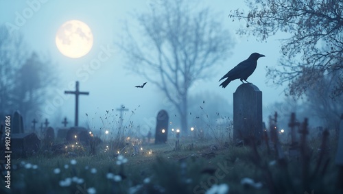 A misty graveyard scene at night, featuring a silhouetted crow perched on a tombstone, with a large full moon illuminating the blue sky.