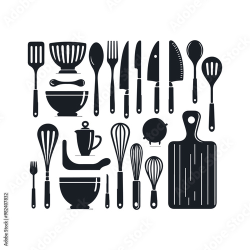Set of kitchen utensils silhouette vector art illustration on a white background