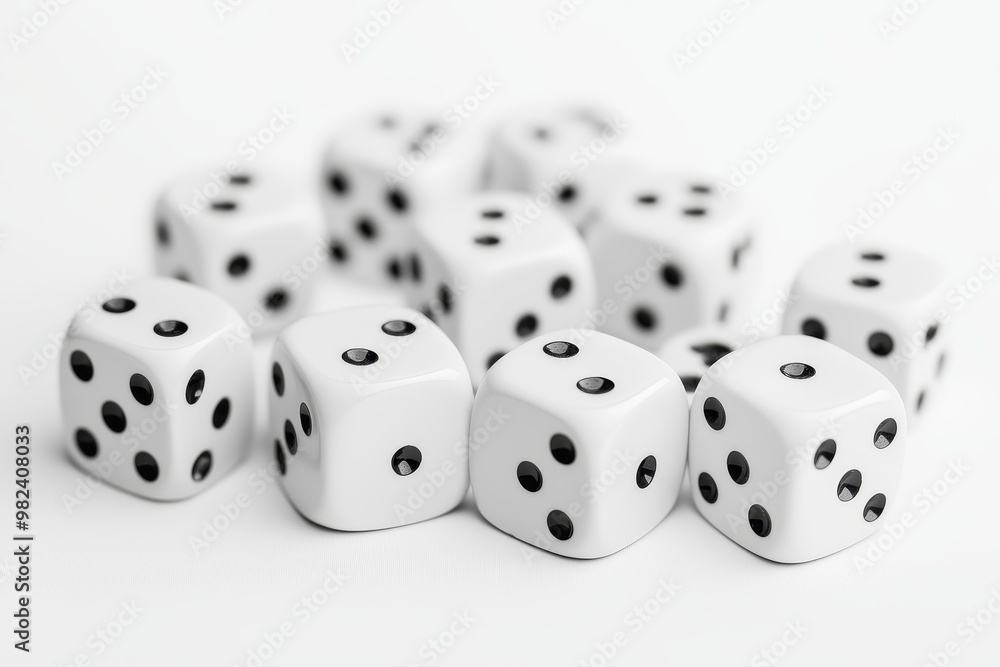 Photograph of white dice featuring random numbers and black dots on a white background Photograph of white dice featuring random numbers and black dots on a white background