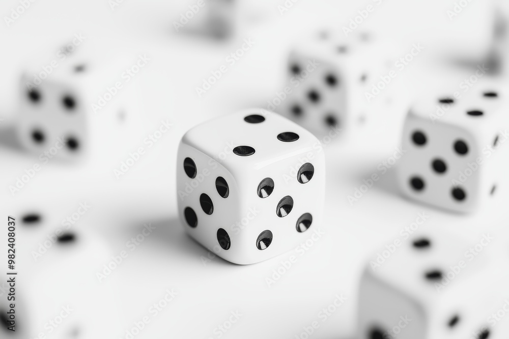 Photography of white cubes featuring random numbers and black pips against a white background Photography of white cubes featuring random numbers and black pips against a white background