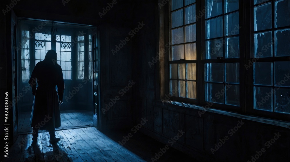 halloween hunted house with a scary ghost