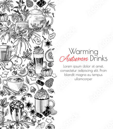Vector frame autumn drinks in engraving style. Sea buckthorn tea, marshmallow cocoa, apple cider, spiced tea latte, hot chocolate with cream, pumpkin spice latte
