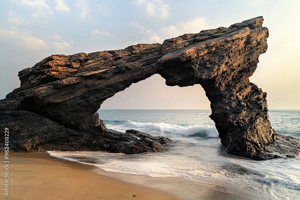 Fototapeta premium Typical Beach Rock Structure, made up of Basaltic and Igneous Rocks, been constantly eroded from centuries by ocean waves, found in abundance on all the beaches of Western Ghats of India