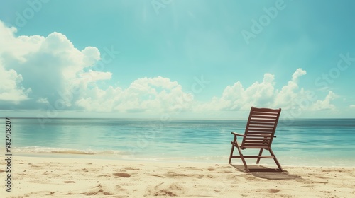 Serene Beach Scene with Empty Wooden Lounge Chair and Calm Ocean on a Sunny Day