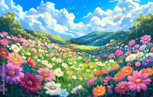 Beautiful flower field with colorful flowers, fantasy landscape illustration in the style of Atehbe Khou, cartoon style photo