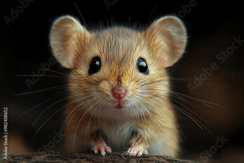 endearing closeup of a tiny mouse looking directly at the camera soft fur bright eyes and whiskers in sharp focus textured background adds depth to the charming wildlife portrait photo