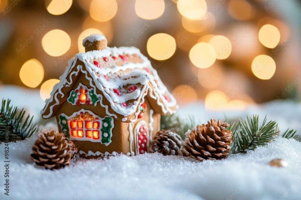 Illuminated Gingerbread House with Pine Cones in Snowy Scene Illuminated Gingerbread House with Pine Cones in Snowy Scene